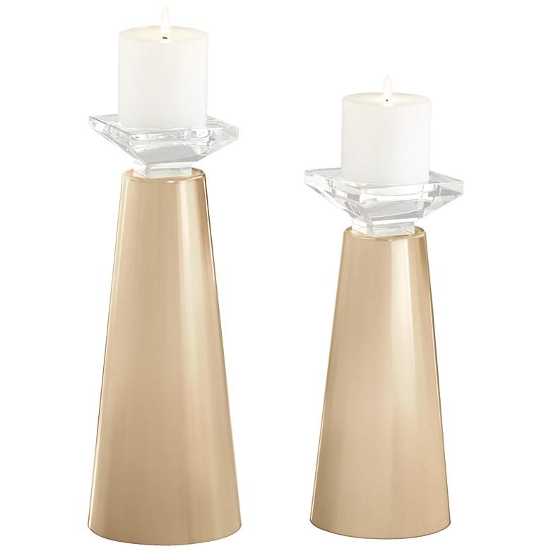 Image 2 Meghan Colonial Tan Glass Pillar Candle Holders Set of 2