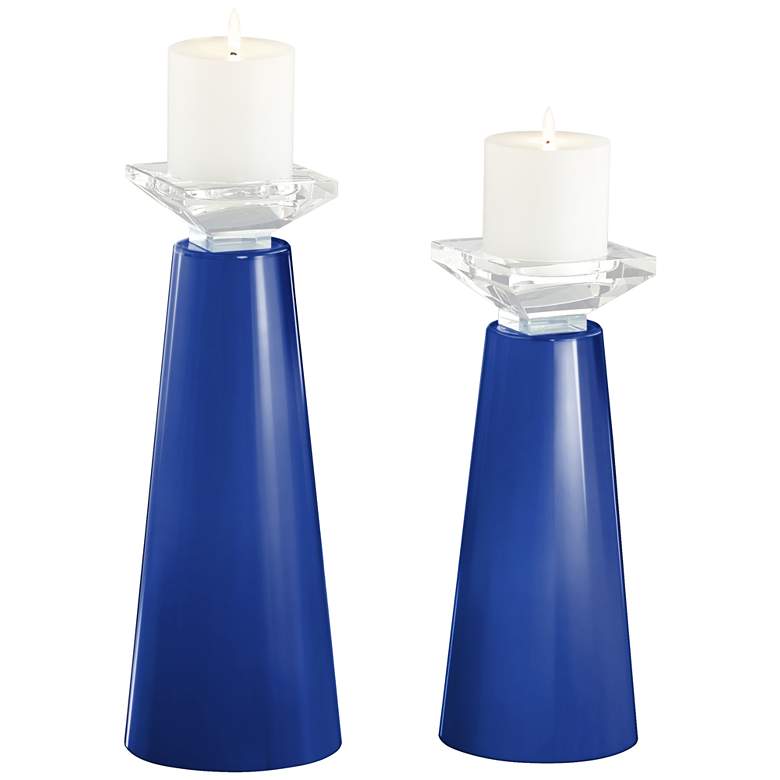Meghan Dazzling Blue Glass Pillar Candle Holder Set of 2