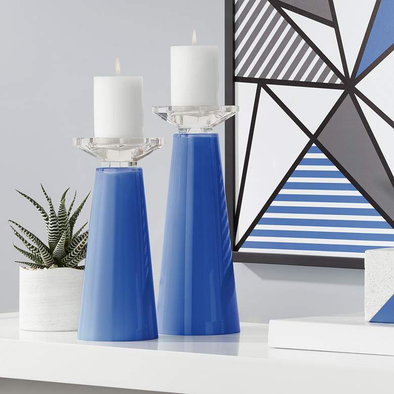 Image 1 Meghan Dazzling Blue Glass Pillar Candle Holder Set of 2