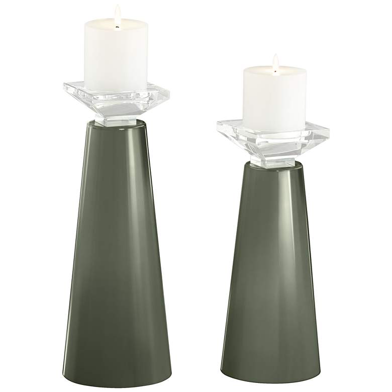 Image 2 Meghan Deep Lichen Green Glass Pillar Candle Holder Set of 2