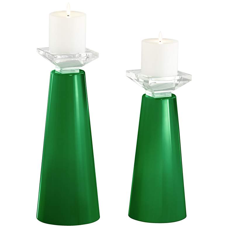 Image 2 Meghan Envy Green Glass Pillar Candle Holder Set of 2