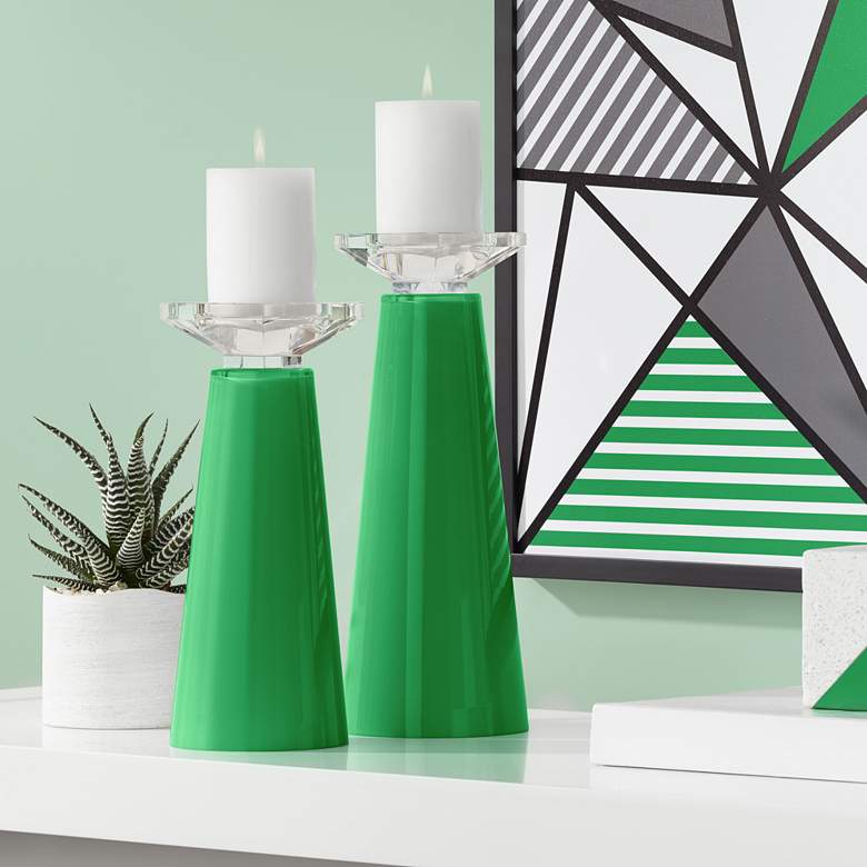 Image 1 Meghan Envy Green Glass Pillar Candle Holder Set of 2