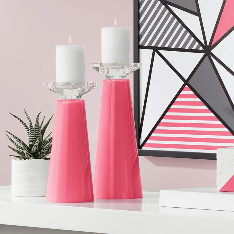 Image 1 Meghan Eros Pink Glass Pillar Candle Holders Set of 2