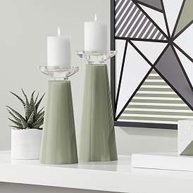 Image1 of Meghan Evergreen Fog Glass Pillar Candle Holder Set of 2