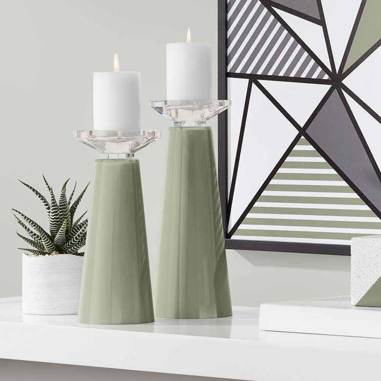 Image 1 Meghan Evergreen Fog Glass Pillar Candle Holder Set of 2