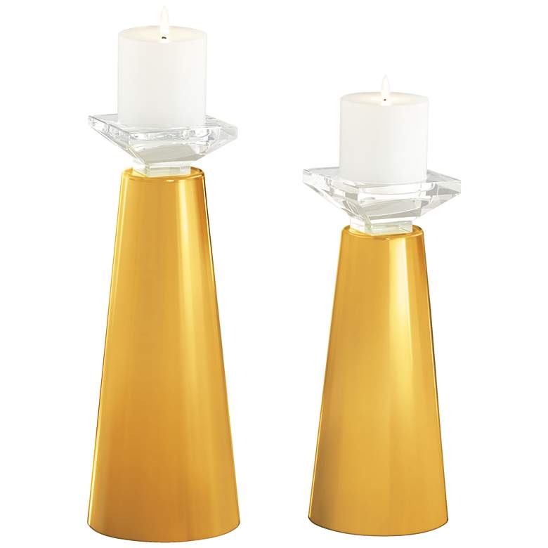 Image 2 Meghan Goldenrod Glass Pillar Candle Holders Set of 2