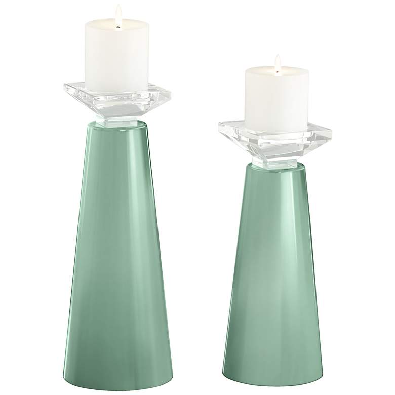 Image 2 Meghan Grayed Jade Glass Pillar Candle Holder Set of 2