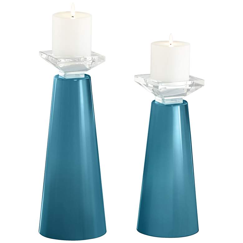 Image 2 Meghan Great Falls Blue Glass Pillar Candle Holder Set of 2