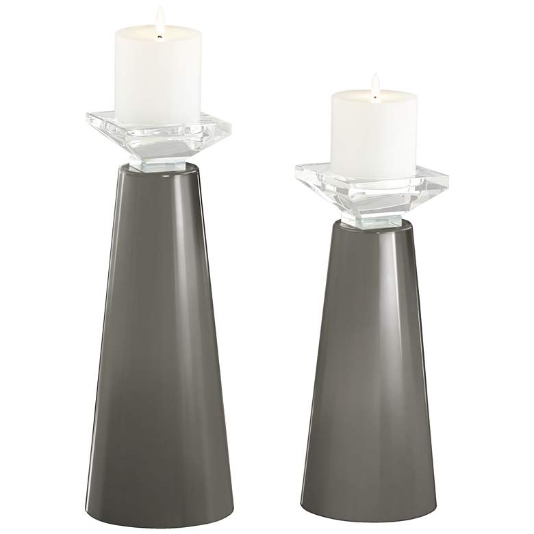 Image 2 Meghan Guantlet Gray Glass Pillar Candle Holder Set of 2