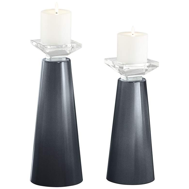Image 1 Meghan Gunmetal Metallic Glass Pillar Candle Holder Set of 2