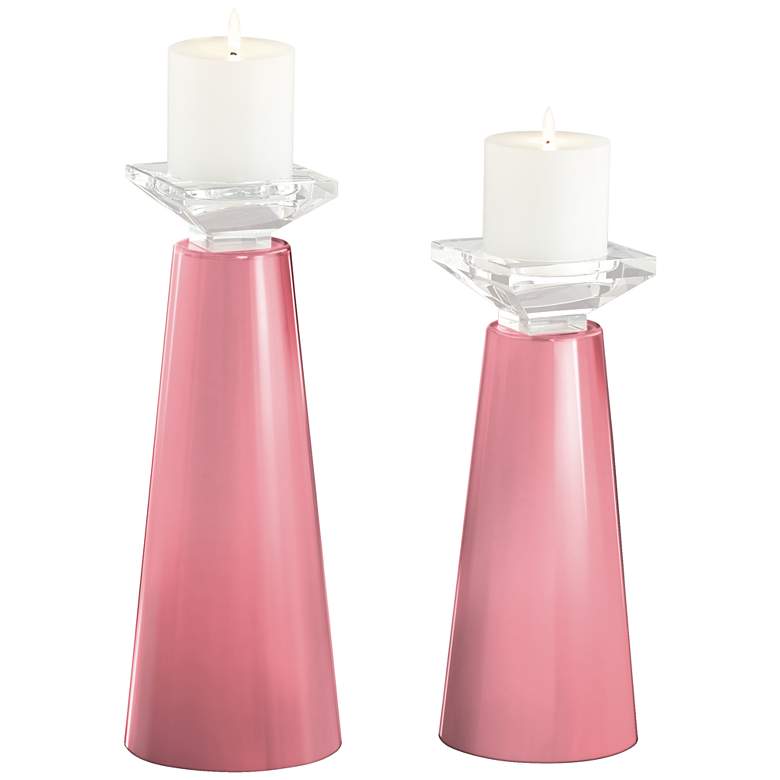 Image 2 Meghan Haute Pink Glass Pillar Candle Holders Set of 2