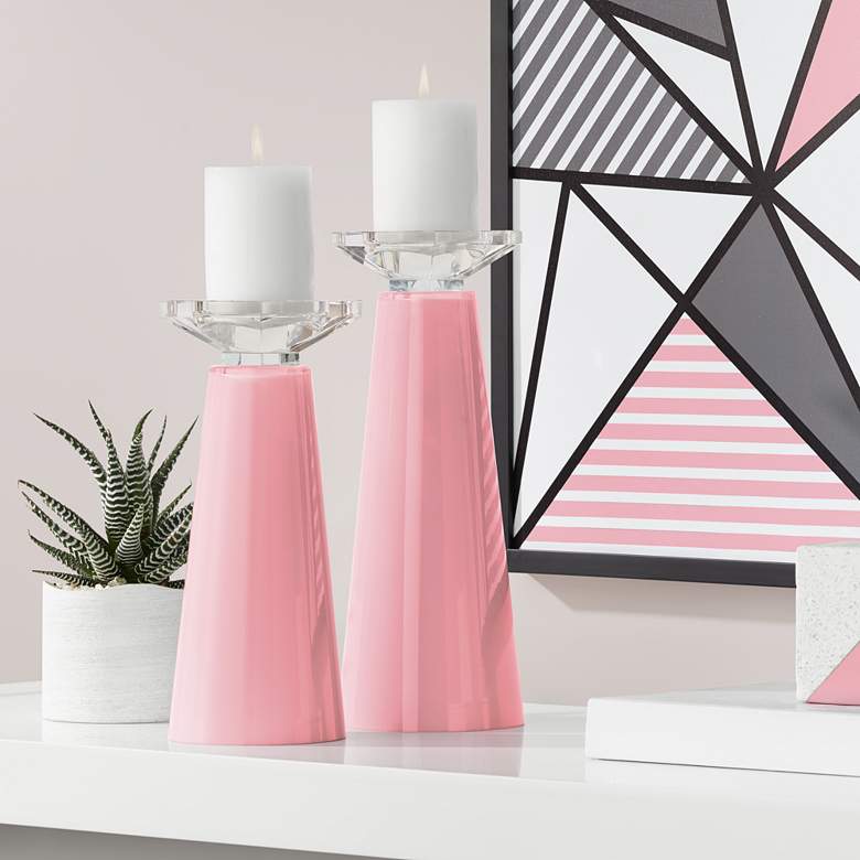 Image 1 Meghan Haute Pink Glass Pillar Candle Holders Set of 2