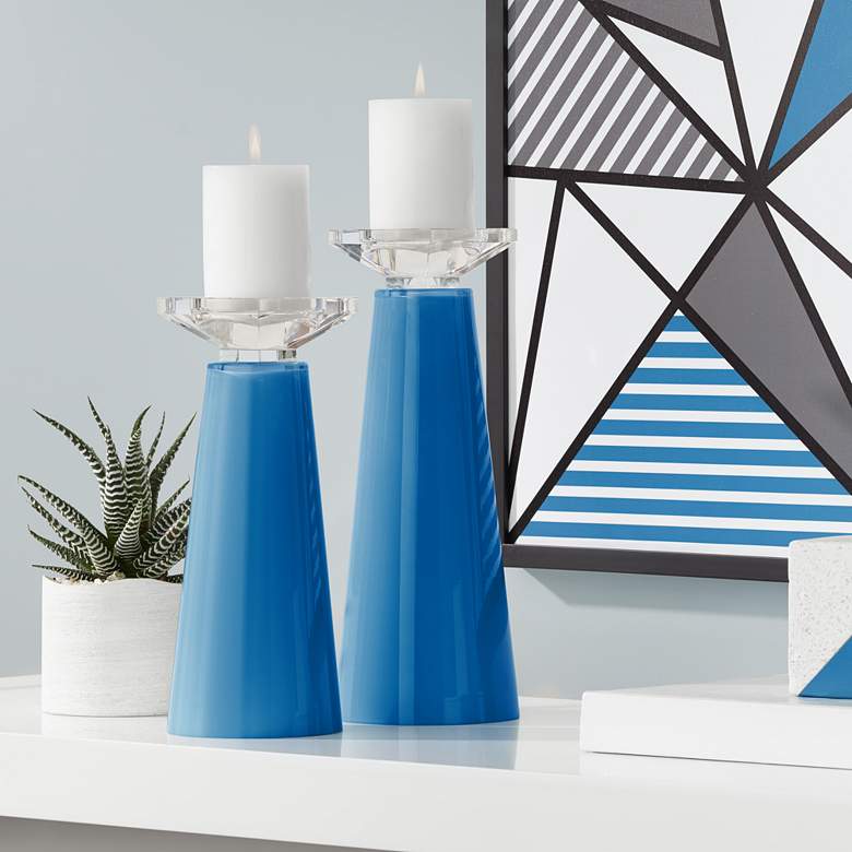 Meghan Hyper Blue Glass Pillar Candle Holders Set of 2