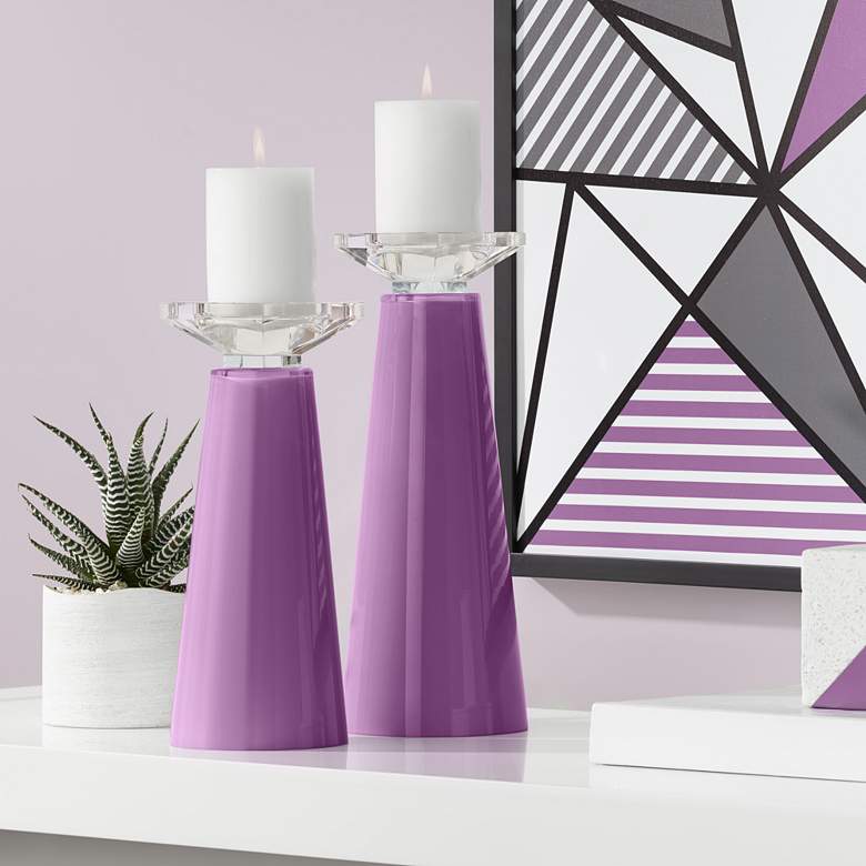 Image 1 Meghan Kimono Violet Glass Pillar Candle Holder Set of 2