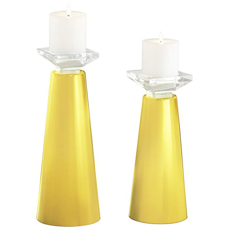 Image 2 Meghan Lemon Twist Yellow Glass Pillar Candle Holders Set of 2