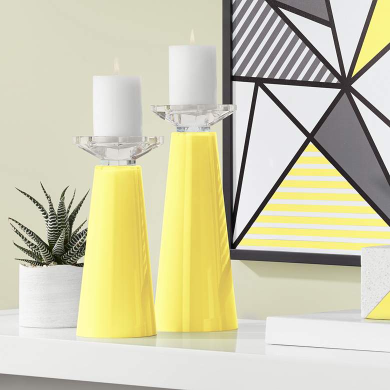 Image 1 Meghan Lemon Twist Yellow Glass Pillar Candle Holders Set of 2