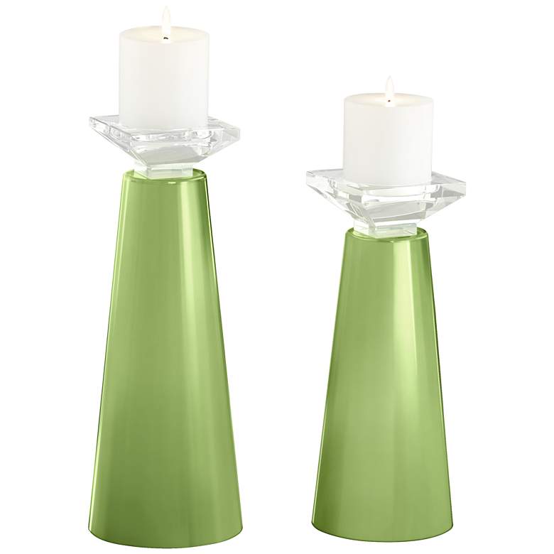 Image 2 Meghan Lime Rickey Green Glass Pillar Candle Holders Set of 2