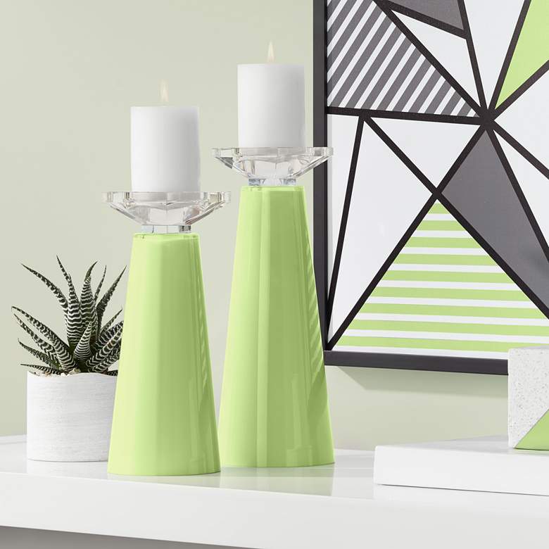 Meghan Lime Rickey Green Glass Pillar Candle Holders Set of 2