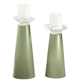 Image2 of Meghan Majolica Green Glass Pillar Candle Holder Set of 2