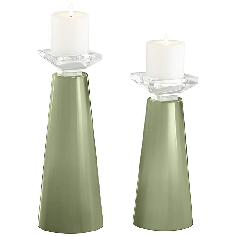 Image 2 Meghan Majolica Green Glass Pillar Candle Holder Set of 2
