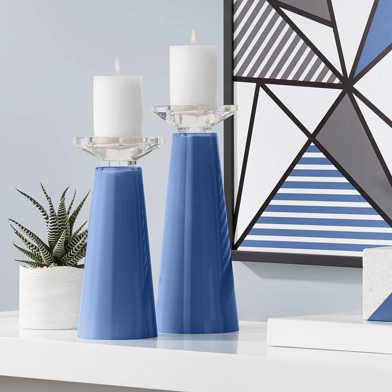 Image 1 Meghan Monaco Blue Glass Pillar Candle Holders Set of 2
