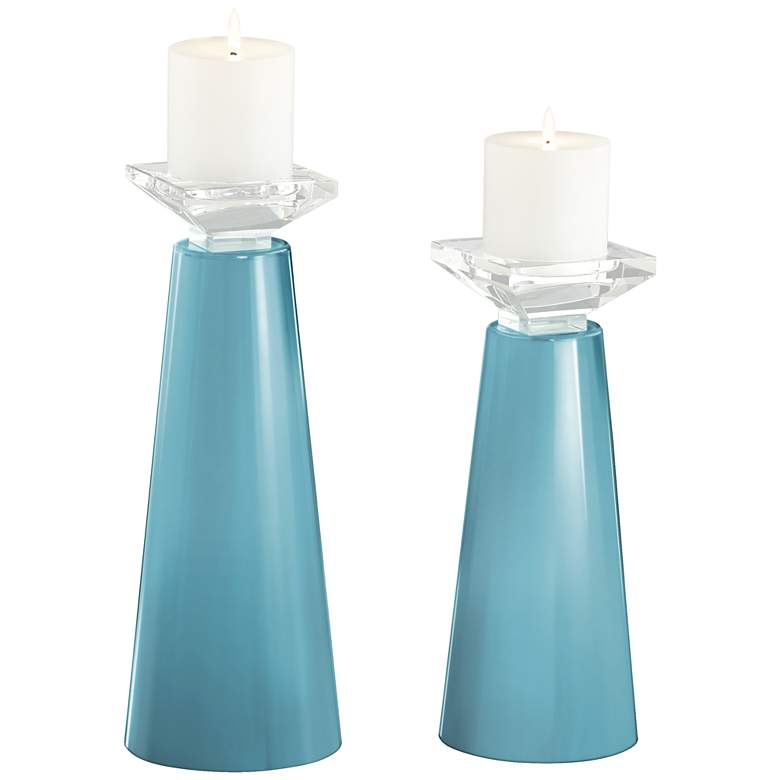 Image 2 Meghan Nautilus Blue Glass Pillar Candle Holder Set of 2