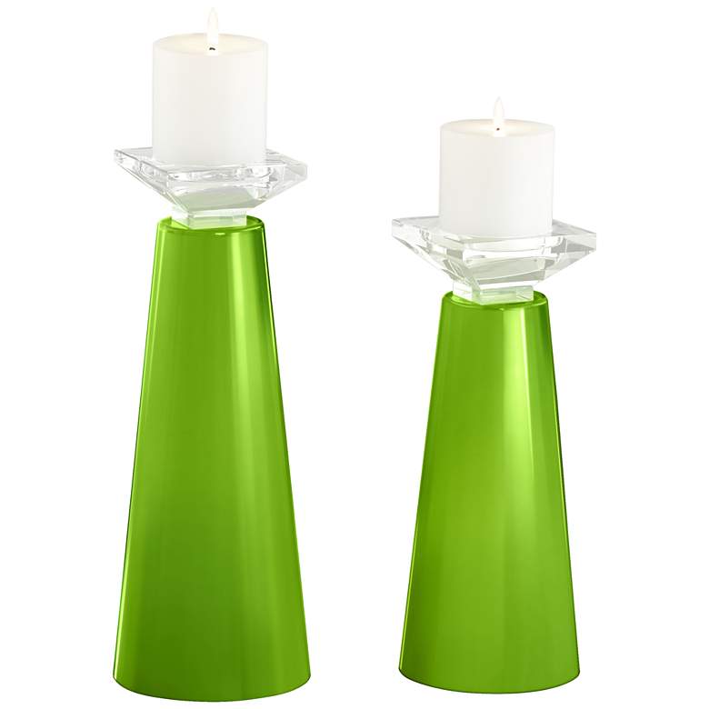 Image 2 Meghan Neon Green Glass Pillar Candle Holder Set of 2