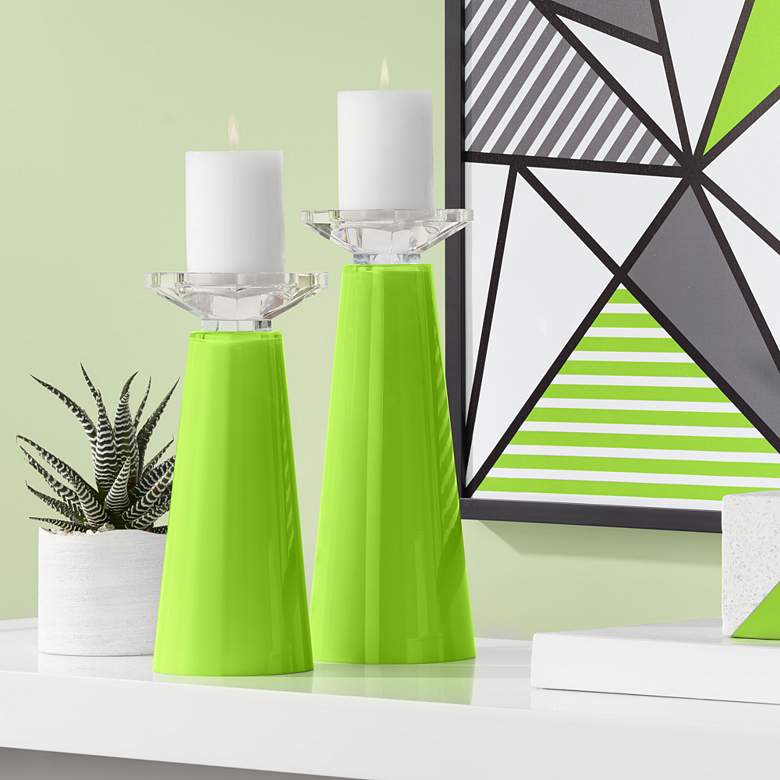 Image 1 Meghan Neon Green Glass Pillar Candle Holder Set of 2