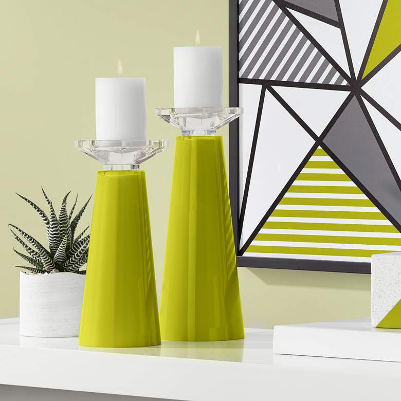 Image 1 Meghan Olive Green Glass Pillar Candle Holder Set of 2