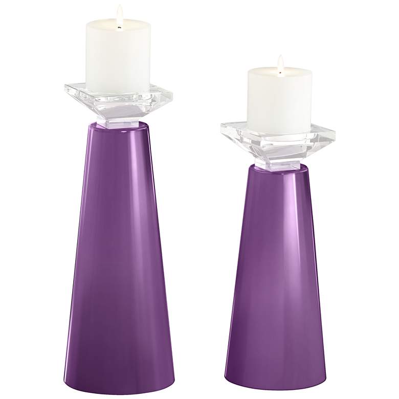 Image 2 Meghan Passionate Purple Glass Pillar Candle Holder Set of 2