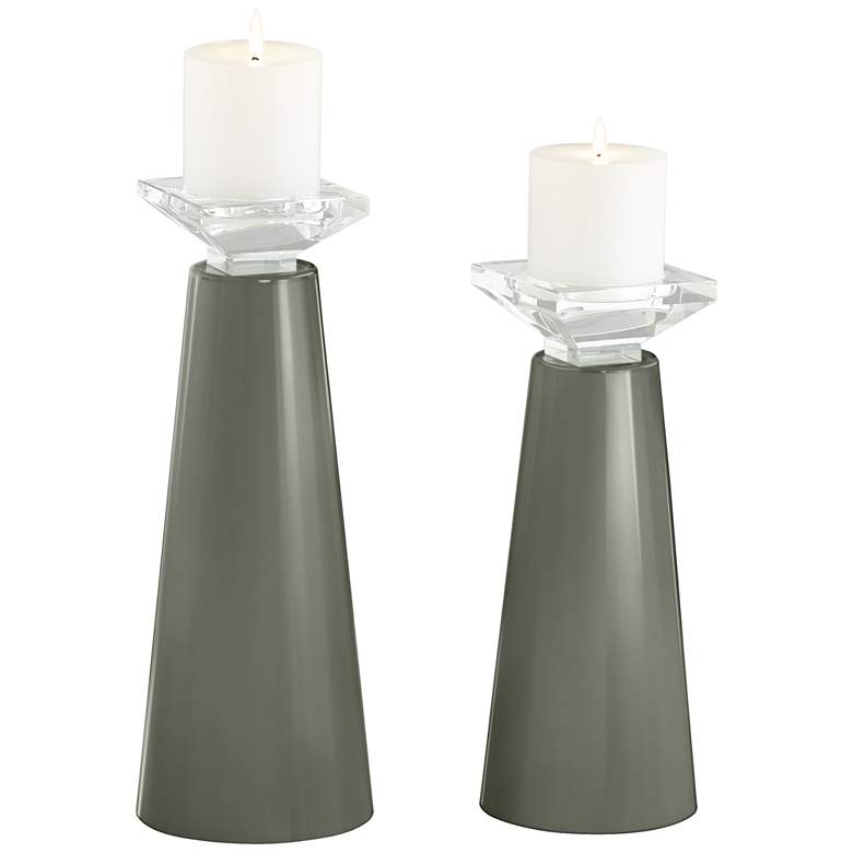 Image 2 Meghan Pewter Green Glass Pillar Candle Holder Set of 2