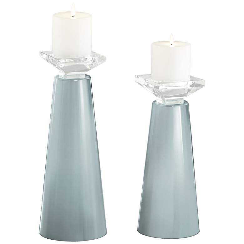 Image 2 Meghan Rain Gray Blue Glass Pillar Candle Holder Set of 2