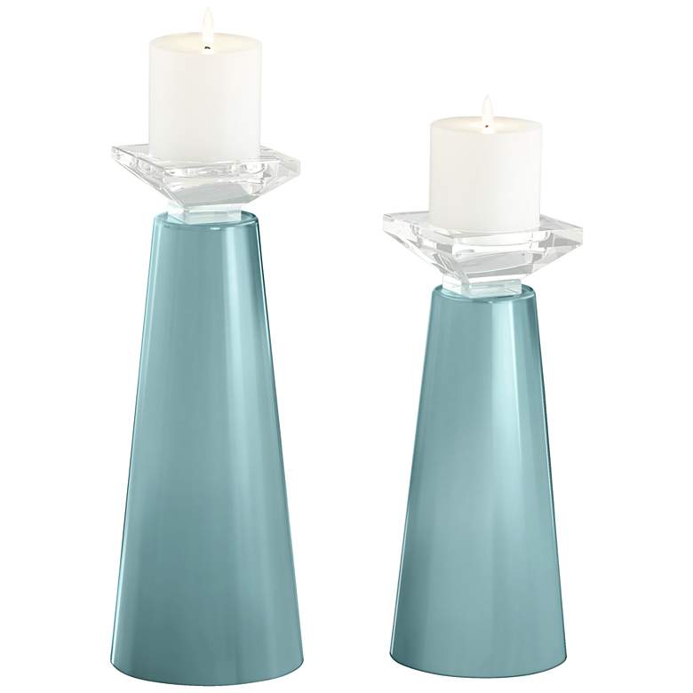Image 2 Meghan Raindrop Blue Glass Pillar Candle Holders Set of 2