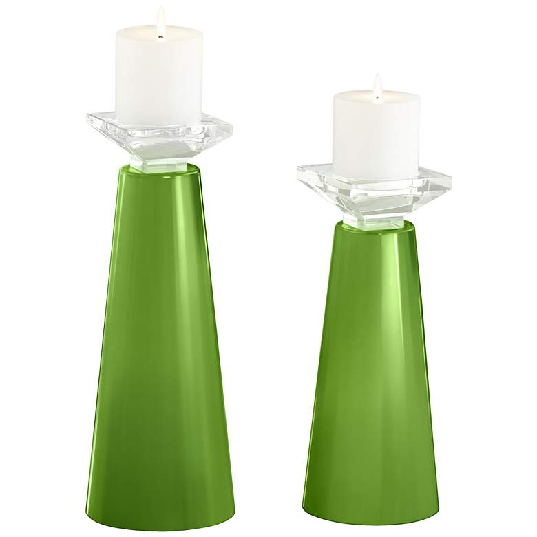 Image 2 Meghan Rosemary Green Glass Pillar Candle Holder Set of 2