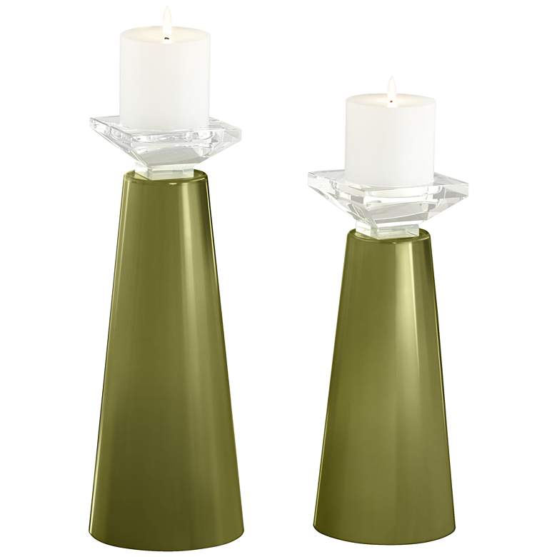 Image 2 Meghan Rural Green Glass Pillar Candle Holder Set of 2