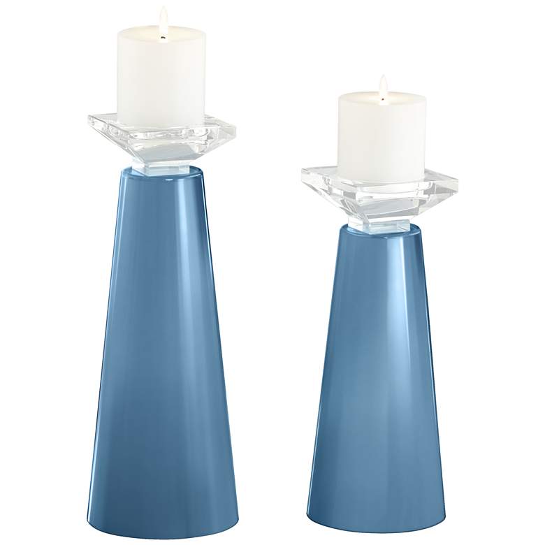 Image 2 Meghan Secure Blue Glass Pillar Candle Holder Set of 2