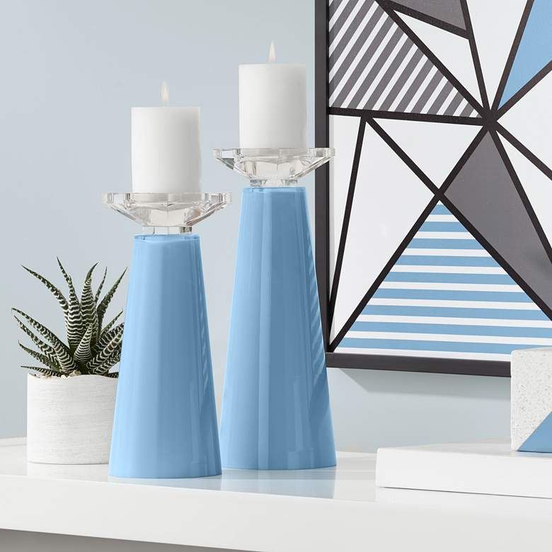 Image 1 Meghan Secure Blue Glass Pillar Candle Holder Set of 2