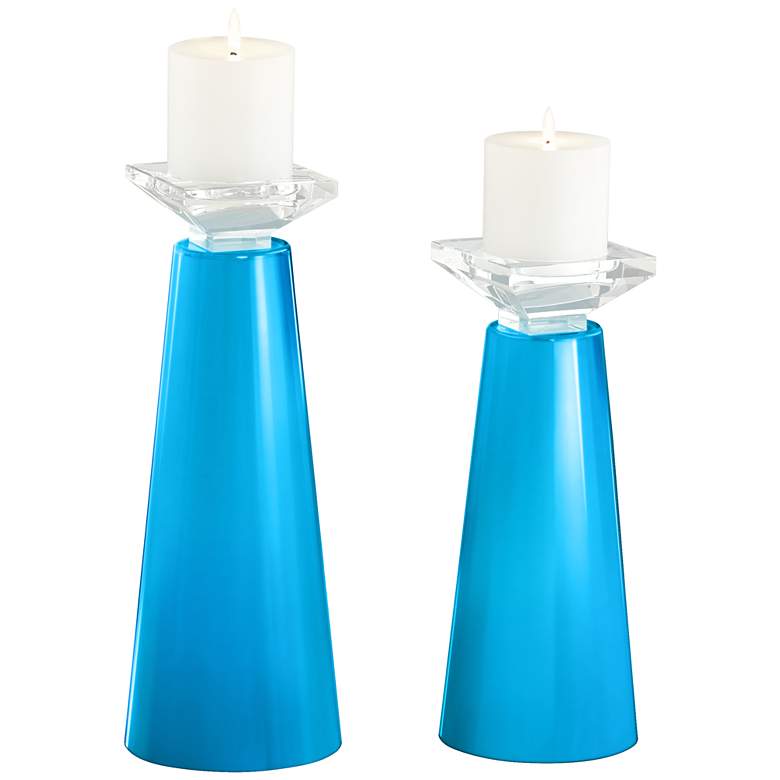 Meghan Sky Blue Glass Pillar Candle Holder Set of 2
