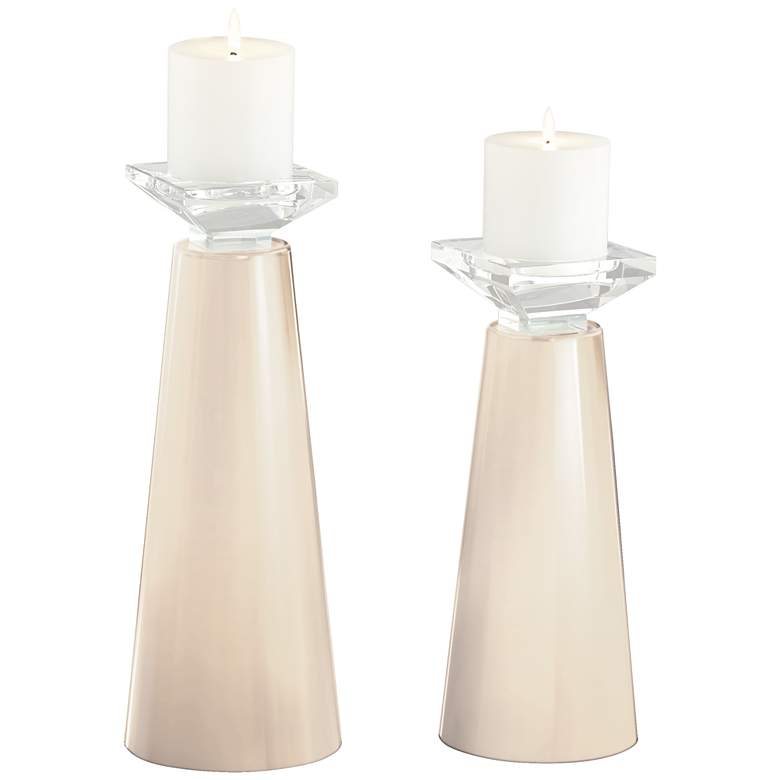 Image 2 Meghan Steamed Milk White Glass Pillar Candle Holder Set of 2