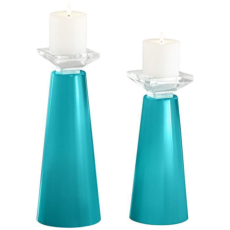 Image 2 Meghan Surfer Blue Glass Pillar Candle Holder Set of 2