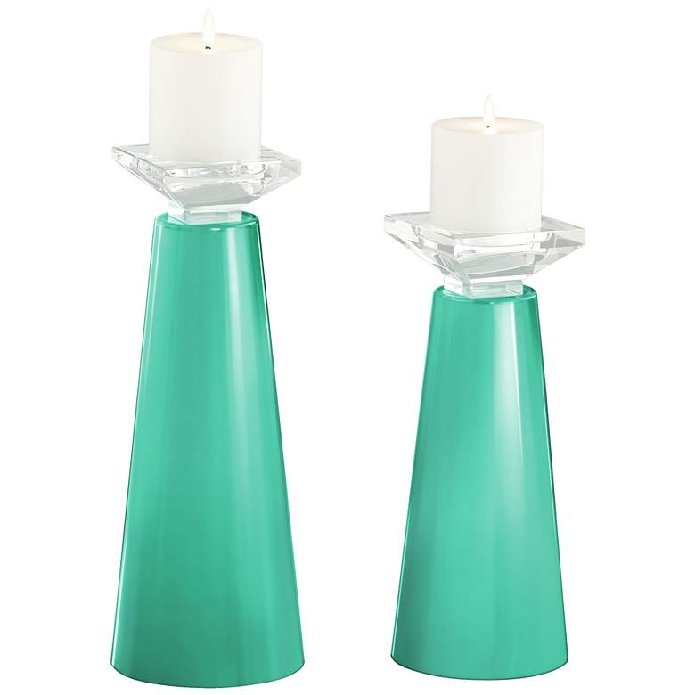 Meghan Turquoise Glass Pillar Candle Holder Set of 2