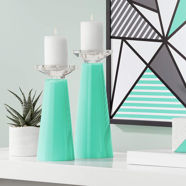 Meghan Turquoise Glass Pillar Candle Holder Set of 2