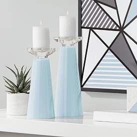 Image1 of Meghan Vast Sky Blue Glass Pillar Candle Holder Set of 2