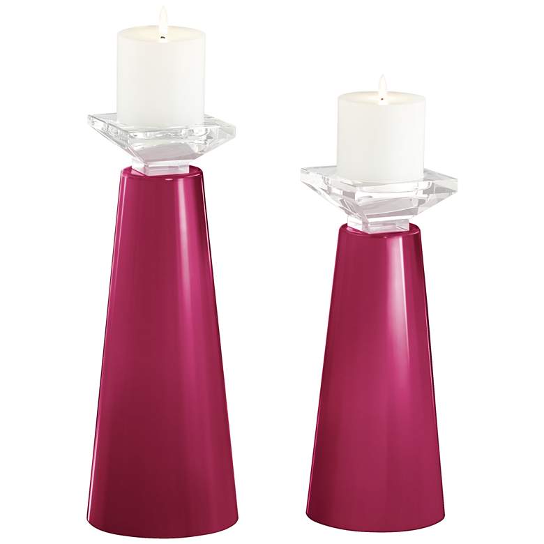 Image 2 Meghan Vivacious Pink Glass Pillar Candle Holders Set of 2