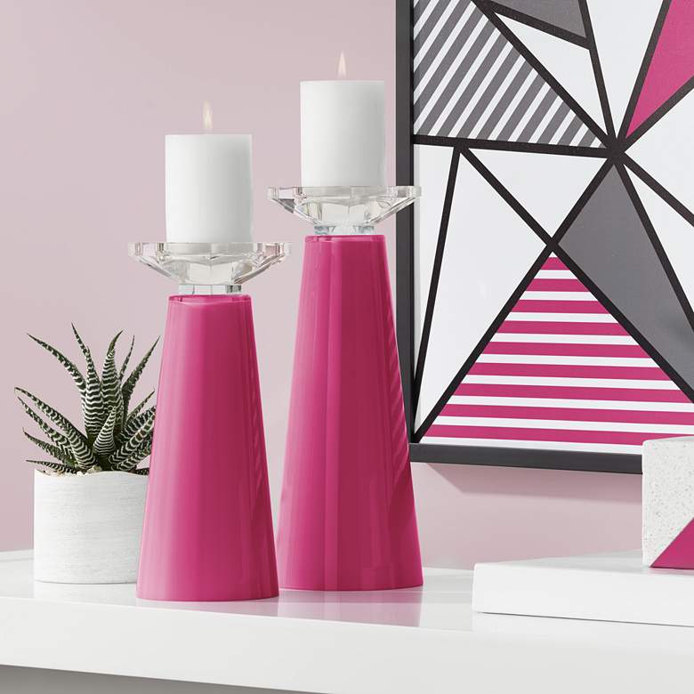 Image 1 Meghan Vivacious Pink Glass Pillar Candle Holders Set of 2