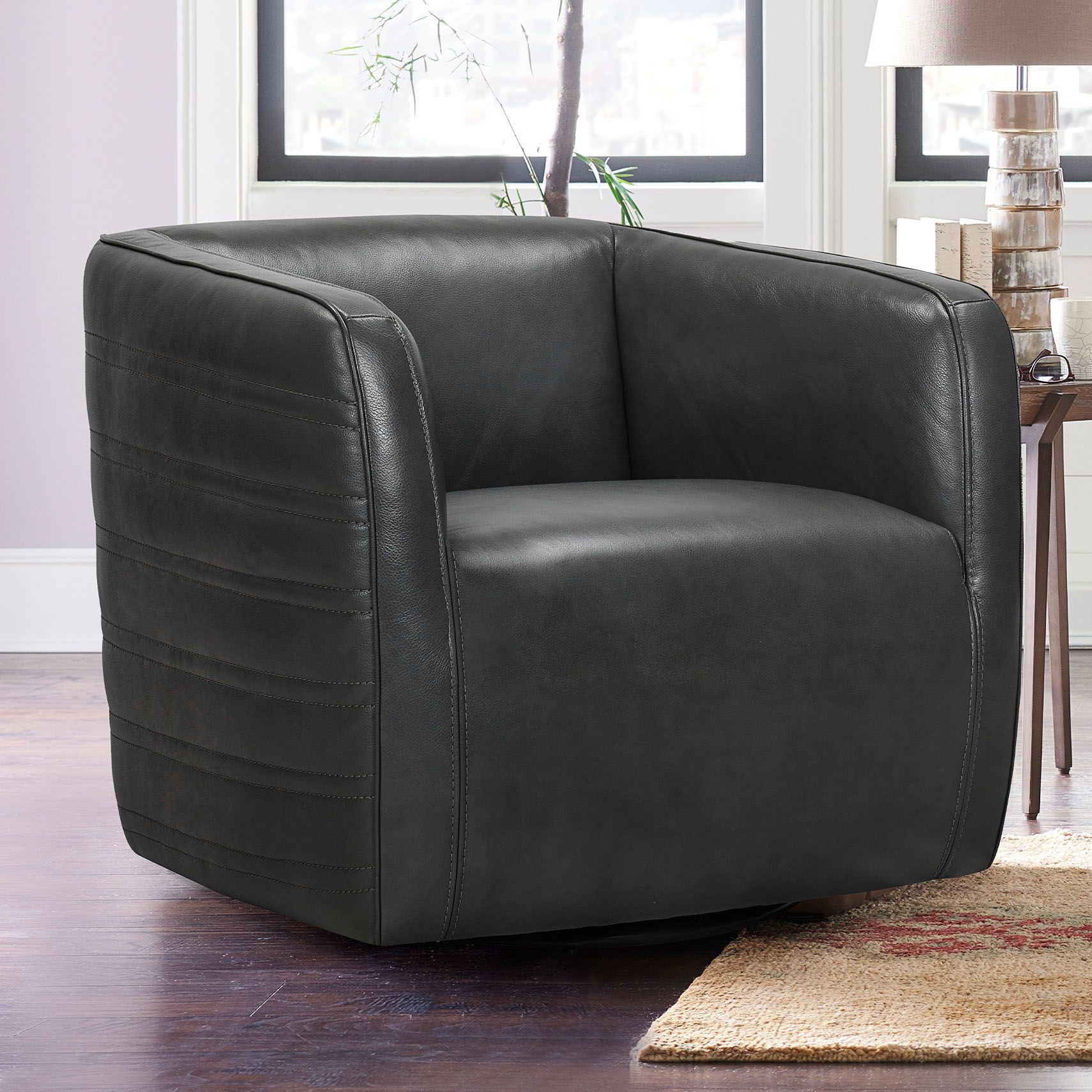 Melanie Pewter Genuine Leather Swivel Tufted Barrel Chair 431E1