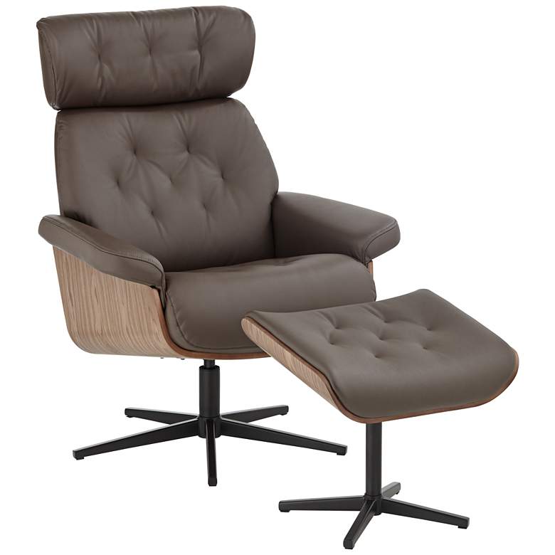 Image 2 Melia Chocolate Tufted Faux Leather Swivel Recliner and Slanted Ottoman
