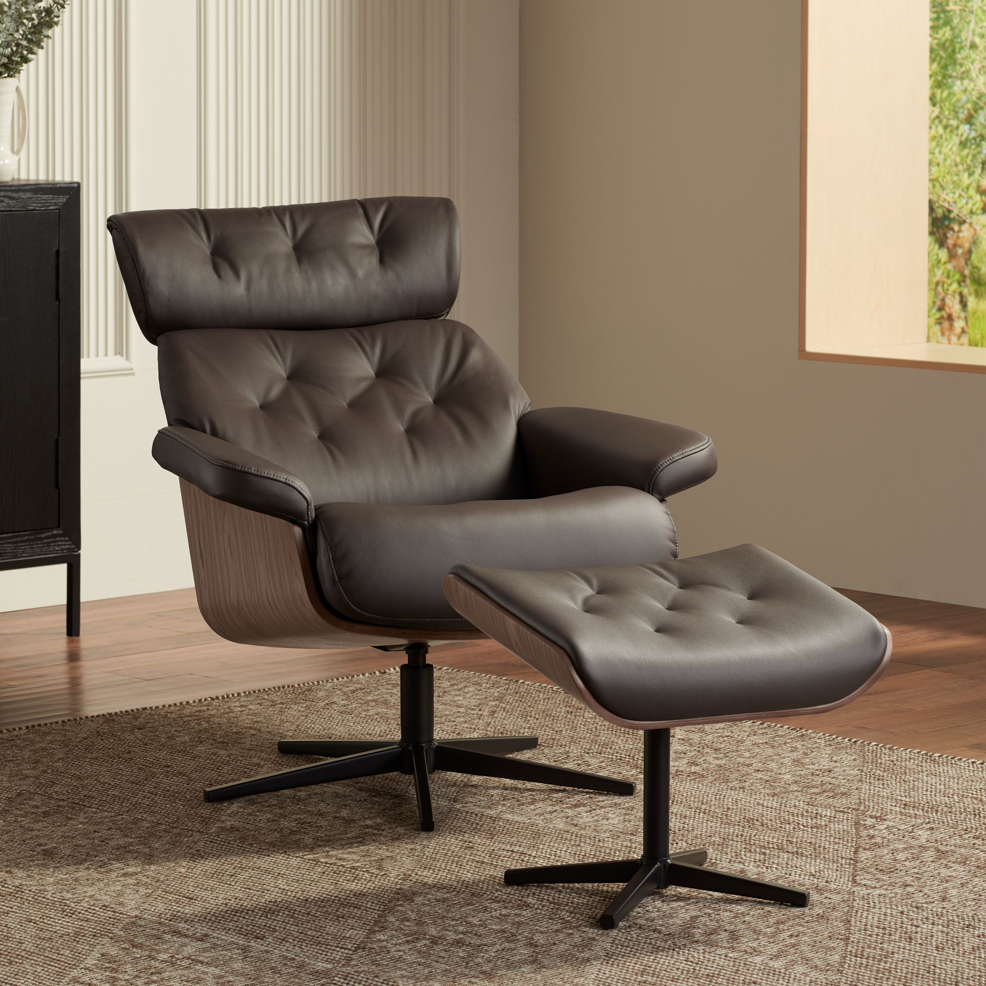 Melia Chocolate Tufted Faux Leather Swivel Recliner and Slanted Ottoman