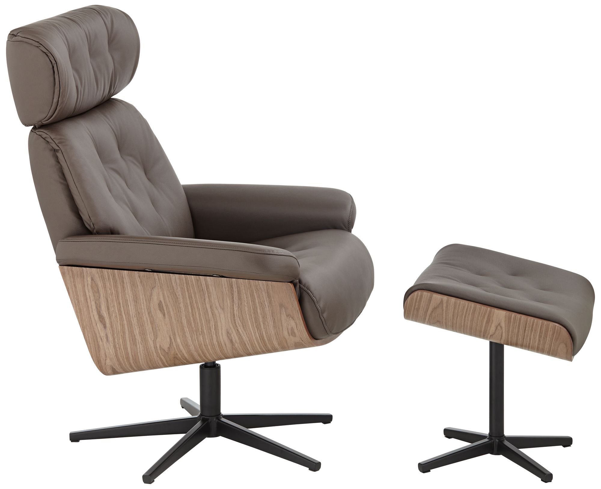 Melia Chocolate Tufted Faux Leather Swivel Recliner and Slanted Ottoman