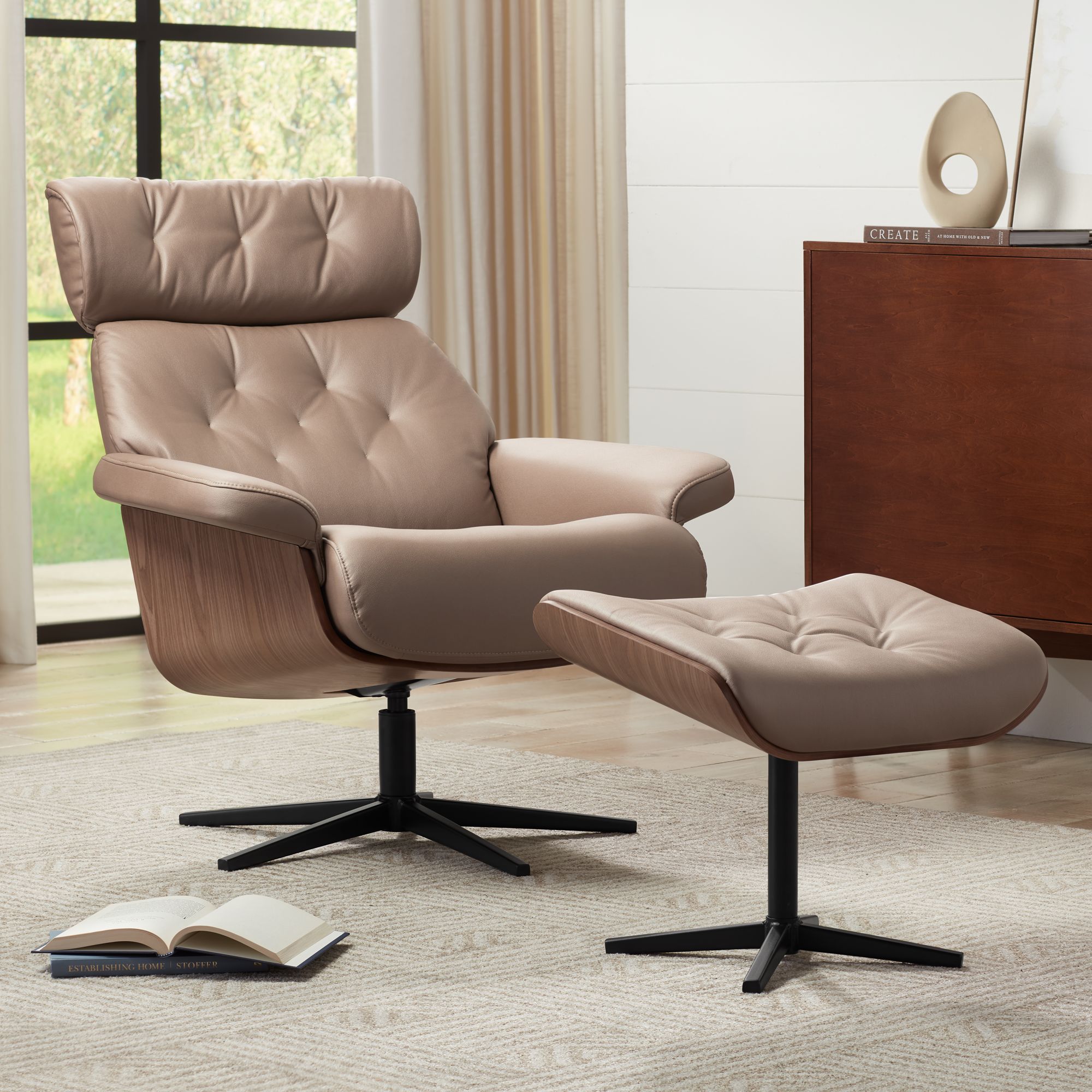 Melia Cocoa Adjustable Swivel Faux Leather Recliner and Ottoman